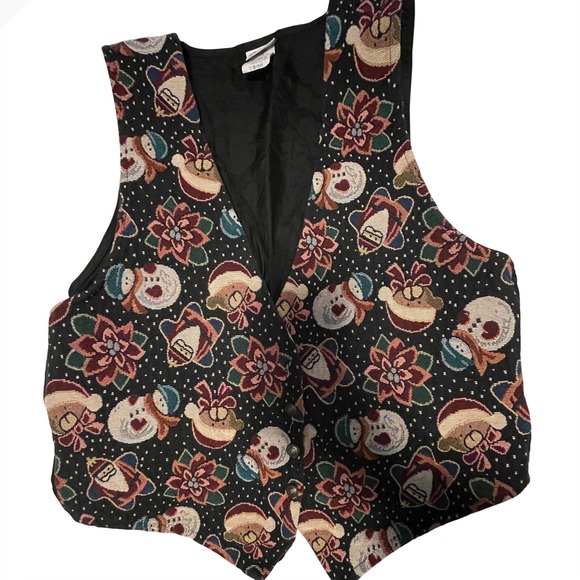 Holiday Time Jackets & Blazers - Holiday Time Women's Christmas Snowman Poinsettia Tapestry Vest Black vintage